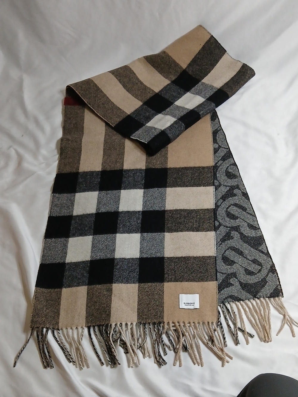 Burberry Beige, Black & Gray Check Cashmere Scarf